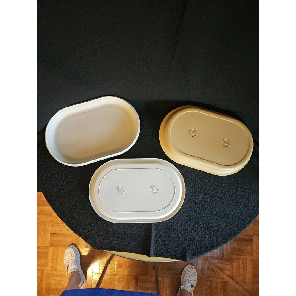 VTG Tupperware 3 Piece Set #1326 Harvest Gold & Almond Lids  ~ Hot/Cold Tray Set